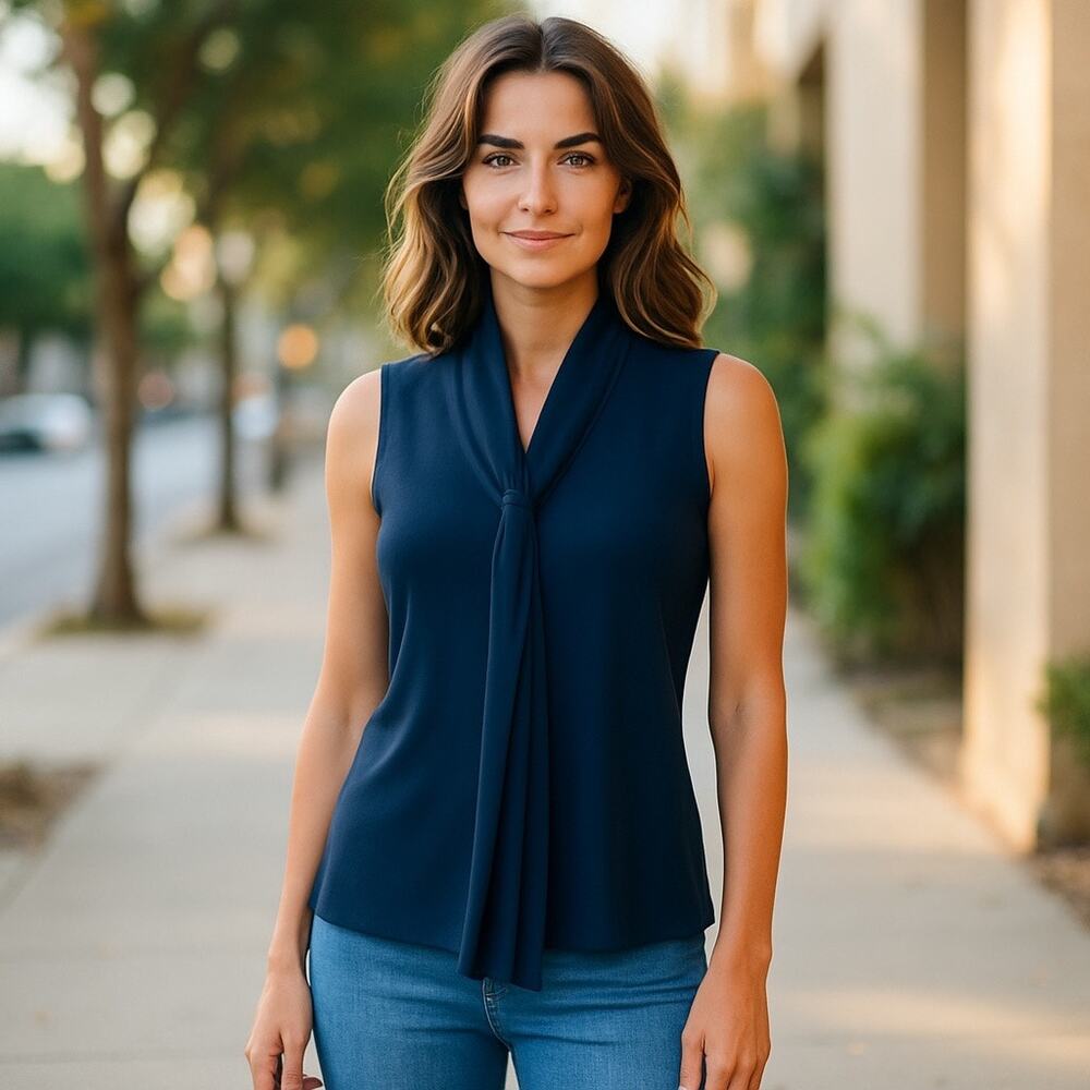 Premise Medium Black Tie Front Sleeveless Blouse Secretary Style Workwear Top